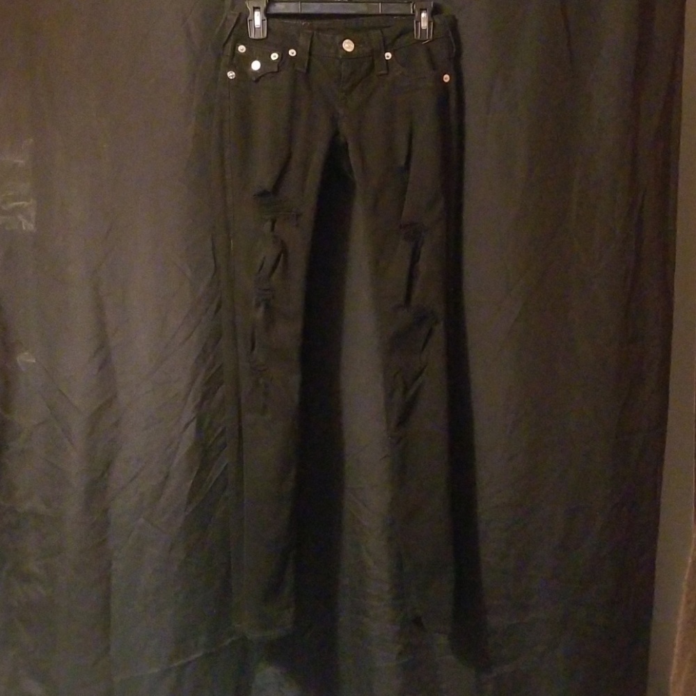True religion black distressed straight leg jeans